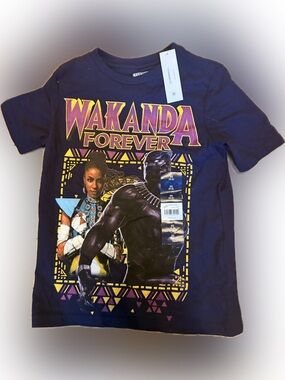 Marvel Wakanda Forever Graphic Tee - Navy Blue with Yellow & Purple Print 4/5 XS